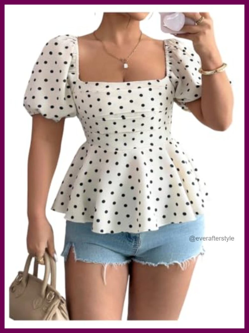 Plus Size Polka Dots Babydoll Blouse Puff Sleeve Peplum Top